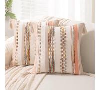 WANLIRD Boho Throw Pillow Covers 18x18 Set of 2 Woven Tufted Farmhouse Pillows Cover with Tassels Textured Striped Cushion Case Neutral Pillow Cases Decorative Pillowcase for Sofa Couch Bed,Orange