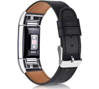 Wanme For Fitbit Charge 2 Strap Leather Straps, Classic Adjustable Replacement Straps with Metal Connectors for Fitbit Charge 2 (01 Black, 5.5" - 8.1")