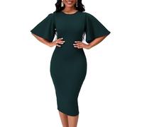 WanMem Womens Basic Bodycon Ruffle Flared Short Sleeve Pencil Midi Dress, 5617 Green, S