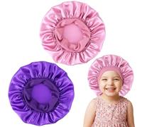 Wanmu 2 PCS Silk Satin Bonnet for Kids Sleeping, Elastic Wide Band Baby Bonnet for Natural Curly Hair, Sleeping Cap for Infant Teens Toddler Child Boys and Girls (Purple, Pink)