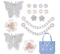 Wanmu 20Pcs Charms for Bag, Flowers Butterfly Pearls Chains Rhinestone Accessories Charm, Bag Accessories Charms for Insert Beach Tote Bags