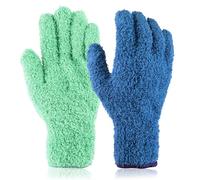 Wanmu 2Pcs Microfiber Dusting Gloves for Plant Dusting and Garden Care, Reusable Washable Leaf Cleaning Gloves Mittens for Car Blinds Furniture House and Small Objects (Green, Blue)