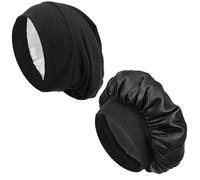 Wanmu 2Pcs Silk Bonnet for Sleeping, Elastic Satin Silky Lined Nightcap, Soft Double Layer Hair Bonnet Sleep Cap for Curly Protection Women Men (Black)