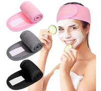 Wanmu 3 Pack Spa Facial Headband, Adjustable Soft Hair Towel Wrap for Women, Non-Slip Stretchable Makeup Head Band for Washing Face, Sports, Makeup and Shower(Grey, Black, Pink)
