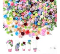 Wanmu 300 Pcs Flatback Resin Flower Charms, Colorful 3D Camellias Roses Flower Nail Charm, Cute Green Leaf Jewelry Charms, White Pearl Beads Charm for Manicure DIY Art, Scrapbooking Decor