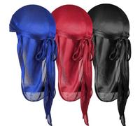 Wanmu 3Pcs Kids Satin Durags Head Wrap Soft Silk Durag Cap with Long Tail and Wide Straps for Boy Toddler Girls 360 Waves(Black, Blue, Burgundy)