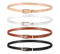 Wanmu 4 Pack Women Skinny Leather Belts for Jeans, Thin Waist Belt with Metal Buckle for Ladies, Dresses, Pants (38 Inches, White, Black, Cream Color, Coffee)