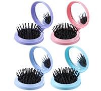 Wanmu 4 Pcs Folding Travel Mirror Hair Brushes, Portable Round Pop up Pocket Brush, Mini Compact Travel Size Hair Massage Comb for Women Girls Wet Dry Hair (Pink, Blue, Green, Purple)