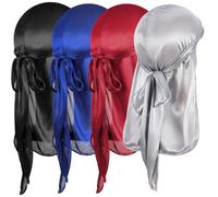 Wanmu 4 Pcs Kids Satin Durags Head Wrap Silky Durag with Wave Caps Set Headwraps with Long Tail Wide Strap 360 Waves Cap Silky Satin Durag Extra Long Tails for Boys Girls