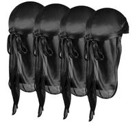 Wanmu 4 Pcs Satin Durags Head Wrap Silky Durag with Wave Caps Set Headwraps with Long Tail Wide Strap 360 Waves Cap Silky Satin Durag Extra Long Tails for Boys Girls Black