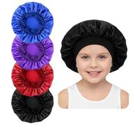 Wanmu 4PCS Bonnet for Kids, Elastic Wide Band Satin Bonnets for Curly Natural Hair Braids, Soft Silk Bonnet Sleep Cap for Teens Child Toddler Sleeping (Blue, Red, Black, Purple)
