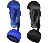 Wanmu 4Pcs Kids Silky Durag with Wave Caps Set, Silky Satin Durag Extra Long Tails, Long Tail and Wide Strap Headwraps, Wide Straps Waves