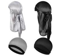 Wanmu 4Pcs Kids Silky Durag with Wave Caps Set, Silky Satin Durag Extra Long Tails, Long Tail and Wide Strap Headwraps, Wide Straps Waves (Silver)