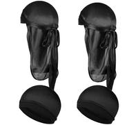 Wanmu 4Pcs Kids Silky Durag with Wave Caps Set, Silky Satin Durag Extra Long Tails, Long Tail and Wide Strap Headwraps, Wide Straps Waves (Black)