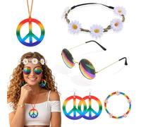 Wanmu 5Pcs Hippie Accessories for Women 60s 70s Hippie Costume Accessory Set Daisy Flower Headbands Round Hippie Sunglasses Peace Sign Necklaces Earrings & Rainbow Bracelet for Groovy Carnival Party