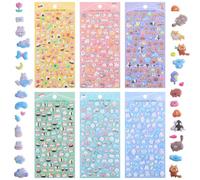 Wanmu 6 Sheets Mini Puffy Stickers, Cute Kawaii Small 3D Stickers for Kids and Adults, Removable Tiny Micro Sticker Includes Japanese Cartoon Animal for Phone Case Notebook Scrapbooking Craft Gift