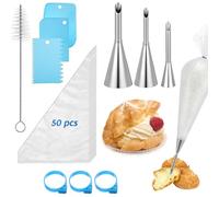 Wanmu 61Pcs Puff Cream Filling Piping Tips Kit, 3PCS Long Puff Nozzle Tips with 50 Disposable Pastry Piping Bags, 4 Silicone Rings, 3 Scrapers and Injector Tip Cleaning Brush for Cookie Icing Cupcakes