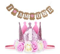 Wanmu First Birthday Crown Hat and Banner for Baby Girls, Pink Sprinkle 1st Birthday Hat with Cute Floral, One Year Old Flowers Princess Outfit for Gift Party Decor