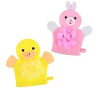 Wanmu Kids Wash Mitt, 2 Pcs Toddler Loofah Shower Gloves Body Scrubber, Cartoon Exfoliating Gloves, Bath Mitt Baby Cute Animal Bathing Glove for Body and Face (Yellow Duck, Pink Rabbit)