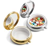 Wanmu Mini Pill Box, 2Pcs Portable Round Small Pill Case with Mirror, Cute Metal Travel Pills Organizer to Hold Vitamins, Medication, Fish Oil and Supplements for Pocket or Purse (Gold, Silver)