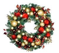 WANNA-CUL Pre-Lit 30 Inch Large Christmas Wreath for Front Door with 50 Led Lights,Luxury Red Gold Lighted Christmas Door Wreath Decor with Ball Ornaments, Battery Operated