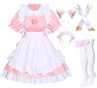 Wannsee Anime French Cat Maid Apron Fancy Dress Cosplay Costume Headwear Gloves Socks Set(Pink S)