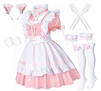Wannsee Anime French Maid Apron Lolita Fancy Dress Cosplay Costume Furry Cat Ear Gloves Socks Set(Pink Plus Size 5XL)
