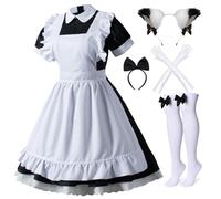 Wannsee Japanese Anime 6Pcs Lolita French Maid Apron Fancy Dress Cosplay Costume Gloves Headwear Socks set(Black 2XL)