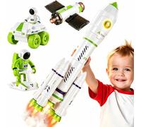 Wanonoo Space Rocket Toy Set for Kids 3-5 with Lights & Sound, STEM Launch Set with Rocket, Astronaut Toy, Satellite, Moon Rover, Pretend Play Space Exploration Toys, Birthday Gift for Kids