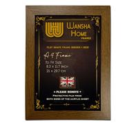 WANSHA HOME A4 Dark Oak Picture Frames (21 x 29.7 cm) Flat Poster Frame - Clear Acrylic Poster Display with MDF Wooden - Portrait/Panoramic - Wall Mount Hooks & Tabletop Stand