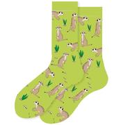 Wansruee Fun Novelty Socks for Women Men - Cute Pink Flamingo, Unicorn, Dinosaur, Sloth & Koala Animal Print Crew Socks,Funny Fruit Flower Colorful Gifts for Girls Teens (Green-bottomed meerkat)