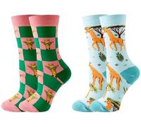 Wansruee Funny Novelty Vivid Bright Socks Animals Print Chicken Cat Dog Fox Print Unisex Gift Socks For Men Women (UK, Alpha, One Size, Regular, Regular, Giraffe 2Pairs)