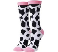 Wansruee Women's Cow Print Socks - Pink Cow & Leopard Pattern Mid-Crew Sock, Soft Cotton Novelty Socks for Women & Teens, Present Gift Idea