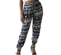 Want Clothing Ladies Cotton Elephant Print Tapered Leg Cuffed Ankle Harem Trouser Pants (UK, Alpha, XL, XXL, Regular, Regular, Black)