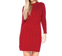 Want Clothing Ladies Winter Cable Knit Ribbed Waist Long Sleeve Midi Jumper Dress Sweater (UK, Alpha, L, XL, Regular, Regular, Red)