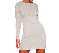 Want Clothing Ladies Winter Cable Knit Ribbed Waist Long Sleeve Midi Jumper Dress Sweater (UK, Alpha, L, XL, Regular, Regular, Stone)