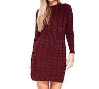 Want Clothing Ladies Winter Cable Knit Ribbed Waist Long Sleeve Midi Jumper Dress Sweater (UK, Alpha, S, M, Regular, Regular, Wine)
