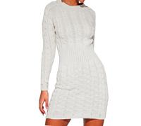 Want Clothing Ladies Winter Cable Knit Ribbed Waist Long Sleeve Midi Jumper Dress Sweater (UK, Alpha, S, M, Regular, Regular, Cream)