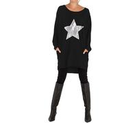 Want Clothing Oversized Long Sleeve Silver Sequin Star/Heart Detail Relaxed Fit Top with Side Pockets Regular Plus Sizes (UK, Alpha, XXL, 3XL, Plus, Regular, Silver Sequin Star/Black)
