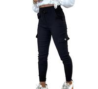Want Clothing Women's Button Cargo Pocket Denim Look Stretch Fit Combat Trousers Joggers Pants (UK, Alpha, S, M, Regular, Regular, Black)