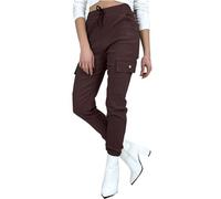 Want Clothing Women's Button Cargo Pocket Denim Look Stretch Fit Combat Trousers Joggers Pants (UK, Alpha, S, M, Regular, Regular, Brown)