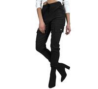 Want Clothing Women's Button Cargo Pocket Denim Look Stretch Fit Combat Trousers Joggers Pants (UK, Alpha, L, XL, Regular, Regular, Black)