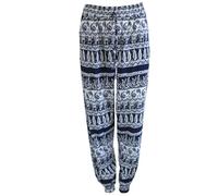 Want Clothing Women's Cotton Leaf Print Tapered Leg, Cuffed Ankle Multi Pattern Harem Pants (UK, Alpha, S, M, Regular, Regular, Navy)