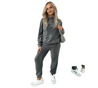 Want Clothing Womens Velour Soft Fluffy Fleece Suit Warm Comfy Top Joggers Two Piece Co-Ord Set Sweatshirt Bottoms Loungewear Travel (UK, Alpha, S, M, Regular, Regular, Charcoal Grey)