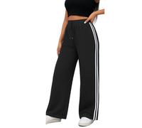 Want Clothing Womens Wide Leg Bottoms Joggers Fleece Lined Straight Flare Comfy Plain & Sport Side Stripe Casual Lounge Wear Sweat Pants (UK, Alpha, S, M, Regular, Regular, Black with Sport Stripe)
