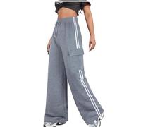Want Clothing Womens Wide Leg Bottoms Joggers Fleece Lined Straight Flare Plain Sport Side Stripes Casual Lounge Sweat Pants (UK, Alpha, S, M, Regular, Regular, Grey - Side Stripes+Pockets)