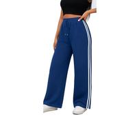 Want Clothing Womens Wide Leg Bottoms Joggers Fleece Lined Straight Flare Plain Sport Side Stripes Casual Lounge Sweat Pants (UK, Alpha, S, M, Regular, Regular, Blue with Sport Stripe)