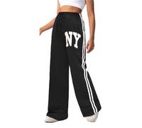 Want Clothing Womens Wide Leg Jog Bottoms Joggers Fleece Lined Straight Flare Comfy Plain Sport Logo Badge Casual Lounge Wear Sweat Pants (UK, Alpha, S, M, Regular, Regular, Black - NY Badge)