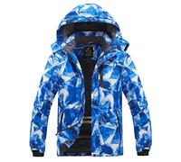 Wantdo Men's Mountain Ski Jacket Waterproof Winter Coat Hooded Windbreaker Warm Snowboarding Jacket Windproof Outdoor Jacket Blue Mountain Flora 2XL