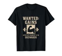 Wanted: Gains Gym Workout Barbell Fitness Graphic T-Shirt